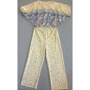 Vintage 70s Jumpsuit Floral Butter Yellow Mod Boho Festival All Over